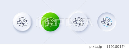 Teamwork process line icon. Neumorphic, Green gradient, 3d pin buttons. Remote office sign. Team employees symbol. Line icons. Neumorphic buttons with outline signs. Vector 119180174