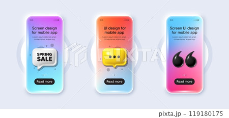 Phone 3d mockup gradient screen. Spring Sale tag. Special offer price sign. Advertising Discounts symbol. Spring sale phone mockup message. 3d chat speech bubble. Yellow text box app. Vector 119180175