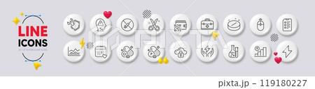 Safe energy, Chromium mineral and Healthcare calendar line icons. White buttons 3d icons. Pack of Qr code, Cloud protection, Checklist icon. No vaccine, Medical tablet, Mental health pictogram. Vector 119180227