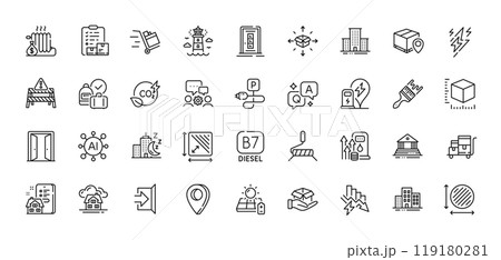 Property agency, Saving electricity and Co2 gas line icons pack. AI, Question and Answer, Map pin icons. Night city, Circle area, Parcel tracking web icon. Vector 119180281