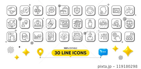 Ph neutral, Jazz and Leadership line icons pack. 3d design elements. Food delivery, Financial diagram, Fireworks web icon. Approve, Bicycle helmet, Three fingers pictogram. Vector 119180298