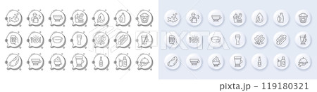 Popcorn, Food delivery and Bowl dish line icons. White pin 3d buttons, chat bubbles icons. Pack of Restaurant app, Romantic dinner, Water bottle icon. Vector Popcorn, Food delivery and Bowl dish line icons. White pin 3d buttons, chat bubbles icons. Pack of Restaurant app, Romantic dinner, Water bottle icon. Vector 119180321