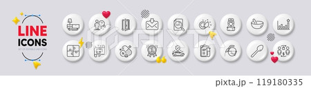 Reward, Search file and Spoon line icons. White buttons 3d icons. Pack of Paint brush, Medical analyzes, Cooking mix icon. Efficacy, Architectural plan, Incoming mail pictogram. Vector 119180335
