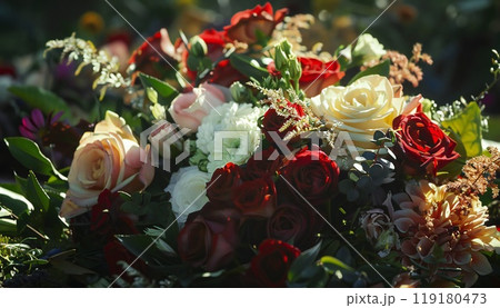 Blooms of love adorn a coffin. A life mourned 119180473