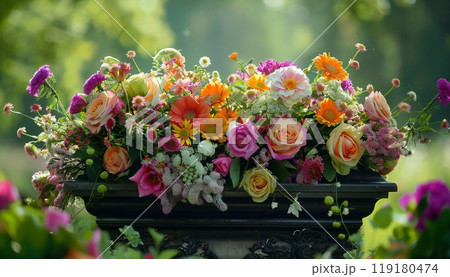 A final farewell - flowers rest on a loved one's casket 119180474