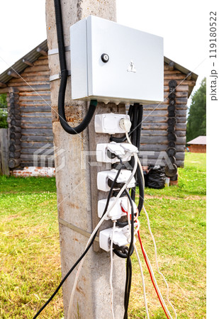 Sockets, outlets and cutout uncover connected powerlines. Risk short circuit, very dangerous 119180522