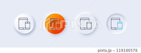 Mobile Devices icon. Neumorphic, Orange gradient, 3d pin buttons. Smartphone and Tablet PC signs. Touchscreen gadget symbols. Line icons. Neumorphic buttons with outline signs. Vector 119180578