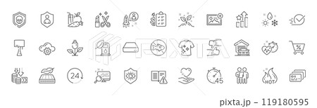 Add photo, Hold heart and Beauty line icons. Pack of Checkbox, Deflation, Table lamp icon. Cloud computing, Like, Juice pictogram. Cardio training, Lightweight mattress, Weather. Card. Vector 119180595