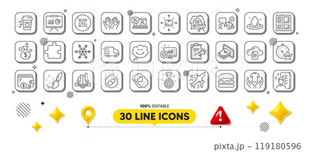 Cash, Air conditioning and Lawyer line icons pack. 3d design elements. Capsule pill, Plane, Vip timer web icon. Presentation, Coffee, Megaphone checklist pictogram. Vector 119180596