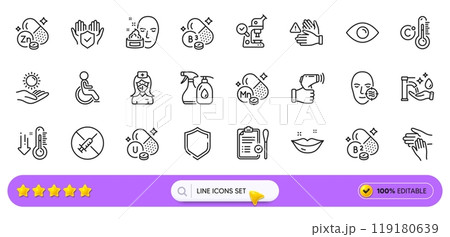 Face cream, Insurance hand and Celsius thermometer line icons for web app. Pack of Lips, Dont touch, Electronic thermometer pictogram icons. Sun protection, Disability, Eye signs. Search bar. Vector Face cream, Insurance hand and Celsius thermometer line icons for web app. Pack of Lips, Dont touch, Electronic thermometer pictogram icons. Sun protection, Disability, Eye signs. Search bar. Vector 119180639