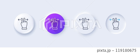 Touchscreen gesture line icon. Neumorphic, Purple gradient, 3d pin buttons. Slide arrow sign. Swipe action symbol. Line icons. Neumorphic buttons with outline signs. Vector Touchscreen gesture line icon. Neumorphic, Purple gradient, 3d pin buttons. Slide arrow sign. Swipe action symbol. Line icons. Neumorphic buttons with outline signs. Vector 119180675
