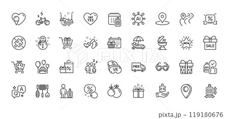 Baggage size, Christmas ball and Vr line icons pack. AI, Question and Answer, Map pin icons. Shopping cart, Ice cream, Special offer web icon. New star, Christmas calendar, Pin pictogram. Vector 119180676