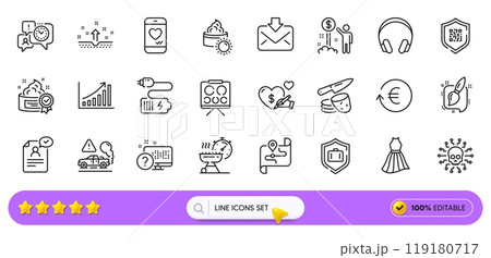 Luggage protect, Social care and Sun cream line icons for web app. Pack of Headphones, Qr code, Potato chips pictogram icons. Graph chart, Clean skin, Exchange currency signs. Search bar. Vector Luggage protect, Social care and Sun cream line icons for web app. Pack of Headphones, Qr code, Potato chips pictogram icons. Graph chart, Clean skin, Exchange currency signs. Search bar. Vector 119180717