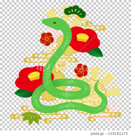 Illustration of a green snake and Japanese style ornaments Illustration of a green snake and Japanese style ornaments 119181173
