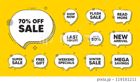Offer speech bubble icons. Sale 70 percent off discount. Promotion price offer sign. Retail badge symbol. Sale chat offer. Speech bubble discount banner. Text box balloon. Vector 119181211