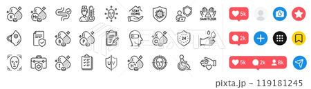 Vaccine report, Vitamin h1 and Volunteer line icons pack. Social media icons. Vitamin k, Coronavirus, Shield web icon. Insurance policy, Digestion, Boron mineral pictogram. Vector Vaccine report, Vitamin h1 and Volunteer line icons pack. Social media icons. Vitamin k, Coronavirus, Shield web icon. Insurance policy, Digestion, Boron mineral pictogram. Vector 119181245