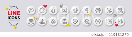 Call center, Heart rating and Ice cream line icons. White buttons 3d icons. Pack of View document, Accepted payment, Phone calendar icon. Hot loan, Computer cables, Hold heart pictogram. Vector 119181279