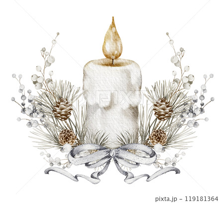 Watercolor Christmas Wax Candle with fir tree and pine cones. Hand drawn watercolor illustration of holiday religious interior decorations. Candlelight on isolated background for greeting cards or inv Watercolor Christmas Wax Candle with fir tree and pine cones. Hand drawn watercolor illustration of holiday religious interior decorations. Candlelight on isolated background for greeting cards or inv 119181364