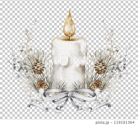 Watercolor Christmas Wax Candle with fir tree and pine cones. Hand drawn watercolor illustration of holiday religious interior decorations. Candlelight on isolated background for greeting cards or inv Watercolor Christmas Wax Candle with fir tree and pine cones. Hand drawn watercolor illustration of holiday religious interior decorations. Candlelight on isolated background for greeting cards or inv 119181364
