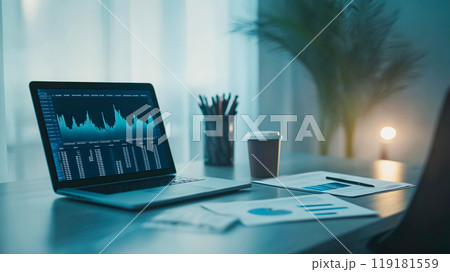 Modern Workspace with Laptop and Data Charts 119181559