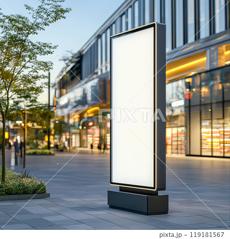 Urban Scene with Blank Billboard and Cityscape Background 119181567