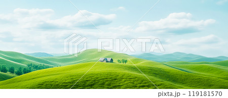 Serene Landscape with Rolling Green Hills and House Serene Landscape with Rolling Green Hills and House 119181570