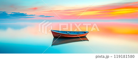 Tranquil Boat on Serene Water at Sunset Tranquil Boat on Serene Water at Sunset 119181580