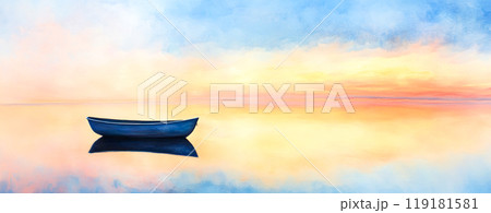 Serene Lake with Tranquil Boat at Sunset Serene Lake with Tranquil Boat at Sunset 119181581