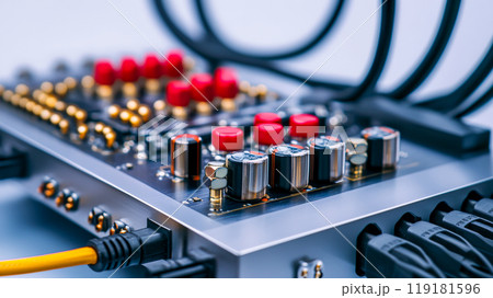 Electronic Circuit Board with Red Buttons and Wires 119181596
