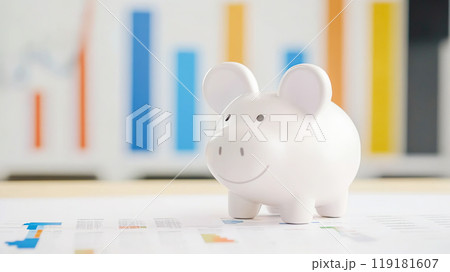 Cute Piggy Bank with Financial Charts in Background Cute Piggy Bank with Financial Charts in Background 119181607