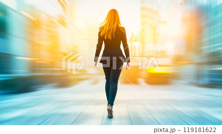Businesswoman Walking in Urban Setting at Sunset 119181622