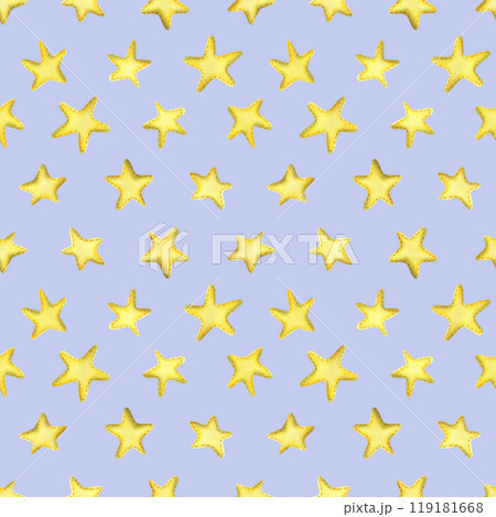 Yellow stars sewn from fabric with thread stitches. Watercolor illustration, hand drawn. Seamless pattern on a lilac background. 119181668