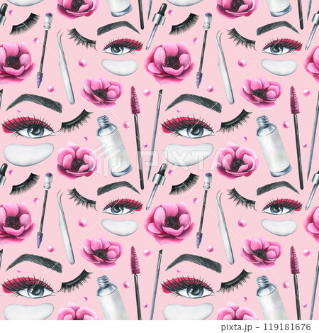Cosmetics and brushes for eyes and eyebrows, tubes with pink anemone flowers. Watercolor illustration hand drawn. Seamless pattern on a pink background. For eyelash extension and lamination 119181676
