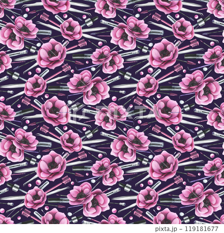 Cosmetics and brushes for eyes and eyebrows, tubes with pink anemone flowers. Watercolor illustration hand drawn. Seamless pattern on a dark purple background. For eyelash extension and lamination. Cosmetics and brushes for eyes and eyebrows, tubes with pink anemone flowers. Watercolor illustration hand drawn. Seamless pattern on a dark purple background. For eyelash extension and lamination. 119181677