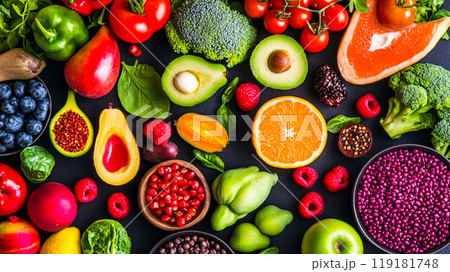 Colorful Arrangement of Healthy Plant-Based Ingredients 119181748