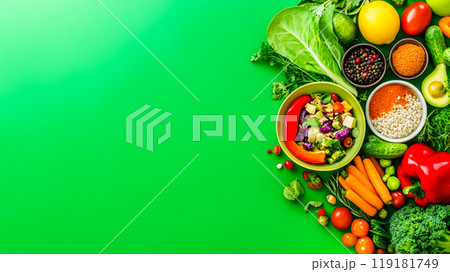 Colorful Plant-Based Meals on Green Background 119181749