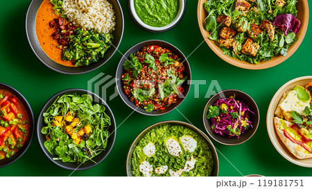 Healthy Plant-Based Meals Arrangement on Green Surface 119181751