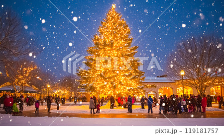 Beautifully Lit Christmas Tree in Town Square Beautifully Lit Christmas Tree in Town Square 119181757