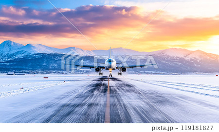 Plane on Snowy Airport Runway at Sunset Plane on Snowy Airport Runway at Sunset 119181827