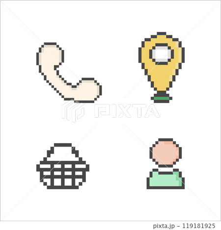 icons in pixel art style, icons in retro style, squares, telephone receiver, label, basket, man icons in pixel art style, icons in retro style, squares, telephone receiver, label, basket, man 119181925