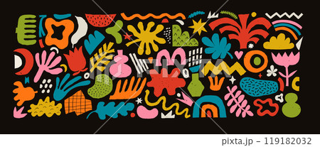Abstract set of various shapes, figures and freeform blobs, hand drawn colorful crayon illustration. Abstract contemporary modern vector illustration in color crayon pencil style on dark. 119182032