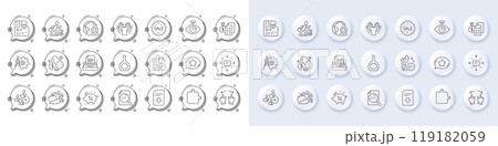 Video conference, Cognac bottle and Favorite chat line icons. White pin 3d buttons, chat bubbles icons. Pack of Vegetables, Cyber attack, Puzzle icon. Sale, Typewriter, Hold t-shirt pictogram. Vector 119182059