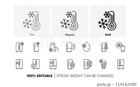 Freezer storage, refrigerator, smart fridge machine. Fridge line icons set. Water with ice, cooler box, thermometer icons. Wi-fi remote access, thermostat timer, smart freezer. Line icons set. Vector Freezer storage, refrigerator, smart fridge machine. Fridge line icons set. Water with ice, cooler box, thermometer icons. Wi-fi remote access, thermostat timer, smart freezer. Line icons set. Vector 119182080