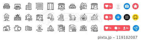 Sports stadium, Lighthouse and Skyscraper buildings line icons pack. Social media icons. Open door, Square area, Market sale web icon. Night city, Lease contract, Floor plan pictogram. Vector 119182087