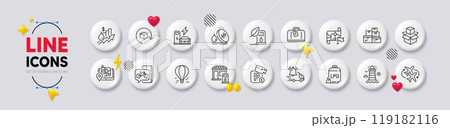 Packing boxes, Return package and Lighthouse line icons. White buttons 3d icons. Pack of Charging station, Fuel price, Connecting flight icon. Destination flag, Air balloon, Gps pictogram. Vector Packing boxes, Return package and Lighthouse line icons. White buttons 3d icons. Pack of Charging station, Fuel price, Connecting flight icon. Destination flag, Air balloon, Gps pictogram. Vector 119182116