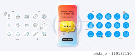 Phone mockup with 3d chat icon. Espresso, Love cooking and Pre-order food line icons. Pack of Gluten free, Coffee, Doppio icon. Spoon, Brazil nut, Cappuccino pictogram. Vector Phone mockup with 3d chat icon. Espresso, Love cooking and Pre-order food line icons. Pack of Gluten free, Coffee, Doppio icon. Spoon, Brazil nut, Cappuccino pictogram. Vector 119182150