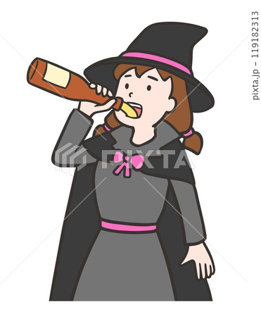 瓶ビールを一気飲みするコスプレした女性 119182313