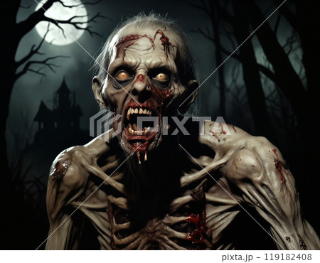 Scary zombie emerging from the woods at night 119182408