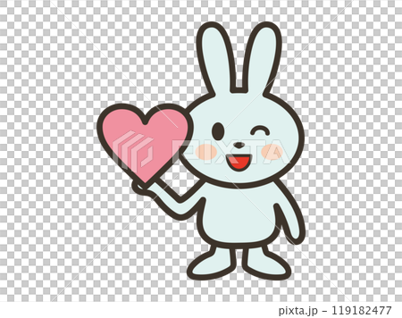 ハートマークを持って笑顔でウインクするかわいいうさぎさんのイラスト 119182477