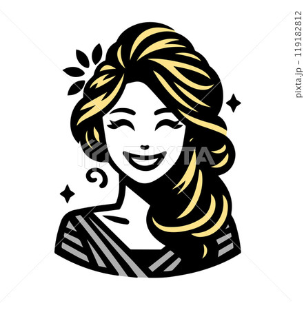 Pretty young woman with long hair and beaming smile on her face. Simple vector icon. Primitive drawing portrait. AI-generated 119182812